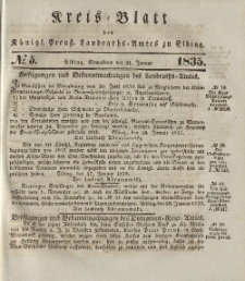 Kreis-Blatt des Königlich Preußischen Landraths-Amtes zu Elbing, Nr. 5 Sonnabend 31 Januar 1835