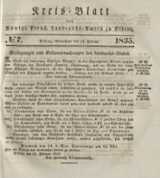 Kreis-Blatt des Königlich Preußischen Landraths-Amtes zu Elbing, Nr. 7 Sonnabend 14 Februar 1835
