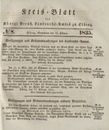 Kreis-Blatt des Königlich Preußischen Landraths-Amtes zu Elbing, Nr. 8 Sonnabend 21 Februar 1835