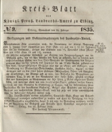 Kreis-Blatt des Königlich Preußischen Landraths-Amtes zu Elbing, Nr. 9 Sonnabend 28 Februar 1835