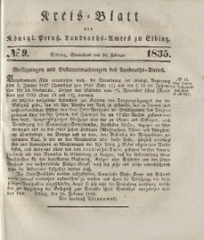 Kreis-Blatt des Königlich Preußischen Landraths-Amtes zu Elbing, Nr. 9 Sonnabend 28 Februar 1835