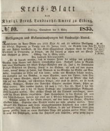 Kreis-Blatt des Königlich Preußischen Landraths-Amtes zu Elbing, Nr. 10 Sonnabend 7 März 1835