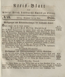 Kreis-Blatt des Königlich Preußischen Landraths-Amtes zu Elbing, Nr. 11 Sonnabend 14 März 1835