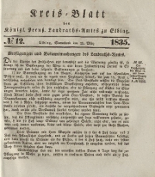 Kreis-Blatt des Königlich Preußischen Landraths-Amtes zu Elbing, Nr. 12 Sonnabend 21 März 1835