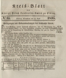 Kreis-Blatt des Königlich Preußischen Landraths-Amtes zu Elbing, Nr. 15 Sonnabend 11 April 1835
