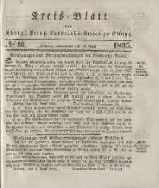 Kreis-Blatt des Königlich Preußischen Landraths-Amtes zu Elbing, Nr. 16 Sonnabend 18 April 1835