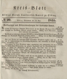 Kreis-Blatt des Königlich Preußischen Landraths-Amtes zu Elbing, Nr. 20 Sonnabend 16 Mai 1835