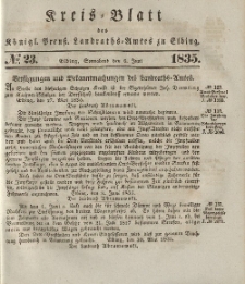 Kreis-Blatt des Königlich Preußischen Landraths-Amtes zu Elbing, Nr. 23 Sonnabend 6 Juni 1835