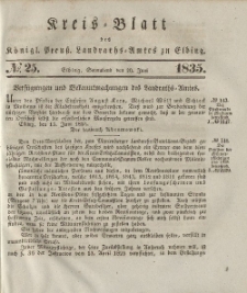 Kreis-Blatt des Königlich Preußischen Landraths-Amtes zu Elbing, Nr. 25 Sonnabend 20 Juni 1835