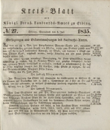 Kreis-Blatt des Königlich Preußischen Landraths-Amtes zu Elbing, Nr. 27 Sonnabend 4 Juli 1835