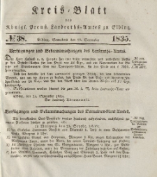 Kreis-Blatt des Königlich Preußischen Landraths-Amtes zu Elbing, Nr. 38 Sonnabend 19 September 1835