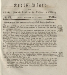 Kreis-Blatt des Königlich Preußischen Landraths-Amtes zu Elbing, Nr. 43 Sonnabend 24 Oktober 1835