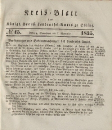Kreis-Blatt des Königlich Preußischen Landraths-Amtes zu Elbing, Nr. 45 Sonnabend 7 November 1835