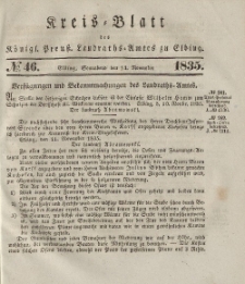 Kreis-Blatt des Königlich Preußischen Landraths-Amtes zu Elbing, Nr. 46 Sonnabend 14 November 1835