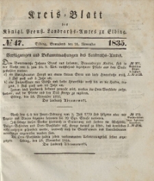 Kreis-Blatt des Königlich Preußischen Landraths-Amtes zu Elbing, Nr. 47 Sonnabend 21 November 1835