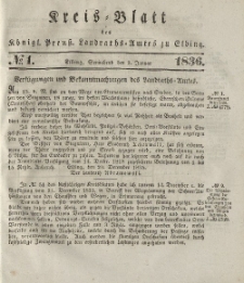 Kreis-Blatt des Königlich Preußischen Landraths-Amtes zu Elbing, Nr. 1 Sonnabend 2 Januar 1836