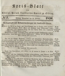 Kreis-Blatt des Königlich Preußischen Landraths-Amtes zu Elbing, Nr. 7 Sonnabend 13 Februar 1836
