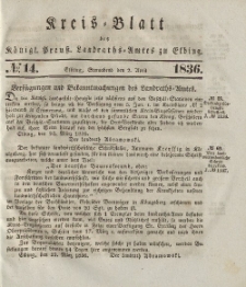 Kreis-Blatt des Königlich Preußischen Landraths-Amtes zu Elbing, Nr. 14 Sonnabend 2 April 1836