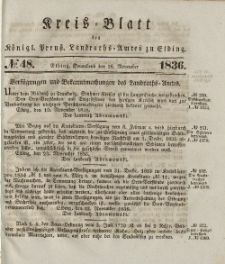 Kreis-Blatt des Königlich Preußischen Landraths-Amtes zu Elbing, Nr. 48 Sonnabend 26 November 1836