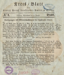 Kreis-Blatt des Königlich Preußischen Landraths-Amtes zu Elbing, Nr. 1 Sonnabend 4 Januar 1840