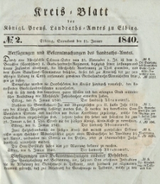 Kreis-Blatt des Königlich Preußischen Landraths-Amtes zu Elbing, Nr. 2 Sonnabend 11 Januar 1840