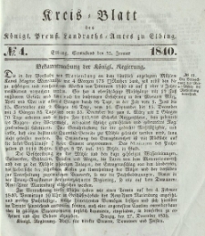 Kreis-Blatt des Königlich Preußischen Landraths-Amtes zu Elbing, Nr. 4 Sonnabend 25 Januar 1840