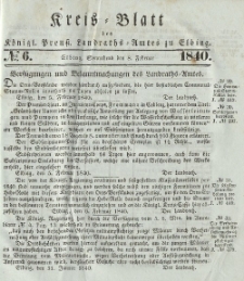 Kreis-Blatt des Königlich Preußischen Landraths-Amtes zu Elbing, Nr. 6 Sonnabend 8 Februar 1840