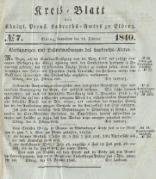 Kreis-Blatt des Königlich Preußischen Landraths-Amtes zu Elbing, Nr. 7 Sonnabend 15 Februar 1840