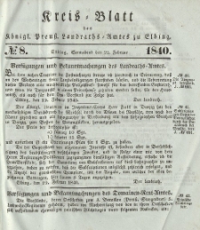 Kreis-Blatt des Königlich Preußischen Landraths-Amtes zu Elbing, Nr. 8 Sonnabend 22 Februar 1840