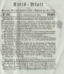 Kreis-Blatt des Königlich Preußischen Landraths-Amtes zu Elbing, Nr. 11 Sonnabend 14 März 1840
