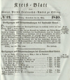 Kreis-Blatt des Königlich Preußischen Landraths-Amtes zu Elbing, Nr. 12 Sonnabend 21 März 1840