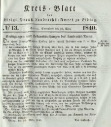 Kreis-Blatt des Königlich Preußischen Landraths-Amtes zu Elbing, Nr. 13 Sonnabend 28 März 1840