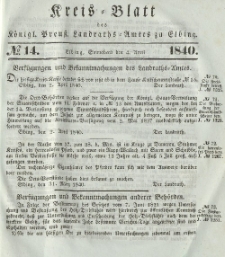 Kreis-Blatt des Königlich Preußischen Landraths-Amtes zu Elbing, Nr. 14 Sonnabend 4 April 1840