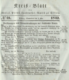 Kreis-Blatt des Königlich Preußischen Landraths-Amtes zu Elbing, Nr. 19 Sonnabend 9 Mai 1840