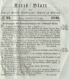 Kreis-Blatt des Königlich Preußischen Landraths-Amtes zu Elbing, Nr. 23 Sonnabend 6 Juni 1840