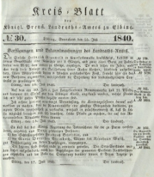 Kreis-Blatt des Königlich Preußischen Landraths-Amtes zu Elbing, Nr. 30 Sonnabend 25 Juli 1840
