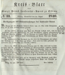 Kreis-Blatt des Königlich Preußischen Landraths-Amtes zu Elbing, Nr. 33 Sonnabend 15 August 1840