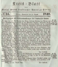 Kreis-Blatt des Königlich Preußischen Landraths-Amtes zu Elbing, Nr. 34 Sonnabend 22 August 1840