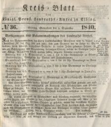 Kreis-Blatt des Königlich Preußischen Landraths-Amtes zu Elbing, Nr. 36 Sonnabend 5 September 1840