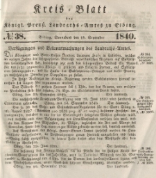 Kreis-Blatt des Königlich Preußischen Landraths-Amtes zu Elbing, Nr. 38 Sonnabend 19 September 1840