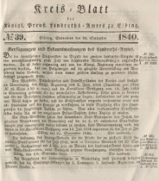 Kreis-Blatt des Königlich Preußischen Landraths-Amtes zu Elbing, Nr. 39 Sonnabend 26 September 1840