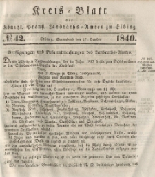 Kreis-Blatt des Königlich Preußischen Landraths-Amtes zu Elbing, Nr. 42 Sonnabend 17 Oktober 1840