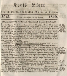 Kreis-Blatt des Königlich Preußischen Landraths-Amtes zu Elbing, Nr. 43 Sonnabend 24 Oktober 1840