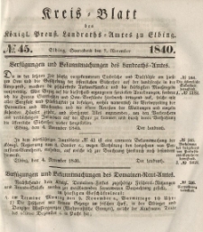 Kreis-Blatt des Königlich Preußischen Landraths-Amtes zu Elbing, Nr. 45 Sonnabend 7 November 1840