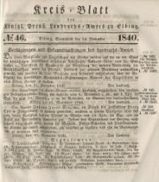 Kreis-Blatt des Königlich Preußischen Landraths-Amtes zu Elbing, Nr. 46 Sonnabend 14 November 1840