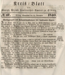 Kreis-Blatt des Königlich Preußischen Landraths-Amtes zu Elbing, Nr. 47 Sonnabend 21 November 1840
