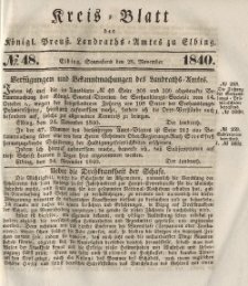 Kreis-Blatt des Königlich Preußischen Landraths-Amtes zu Elbing, Nr. 48 Sonnabend 28 November 1840