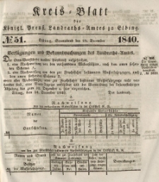 Kreis-Blatt des Königlich Preußischen Landraths-Amtes zu Elbing, Nr. 51 Sonnabend 19 Dezember 1840