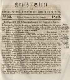 Kreis-Blatt des Königlich Preußischen Landraths-Amtes zu Elbing, Nr. 52 Sonnabend 24 Dezember 1840