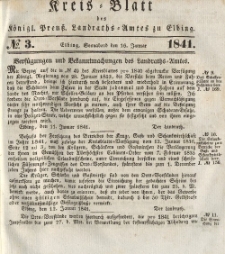 Kreis-Blatt des Königlich Preußischen Landraths-Amtes zu Elbing, Nr. 3 Sonnabend 16 Januar 1841